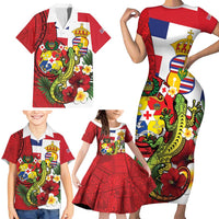 Hawaii And Tonga Family Matching Short Sleeve Bodycon Dress and Hawaiian Shirt King Kalakaua Tribal Gecko Tongan Ngatu LT14 - Polynesian Pride