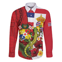 Hawaii And Tonga Family Matching Short Sleeve Bodycon Dress and Hawaiian Shirt King Kalakaua Tribal Gecko Tongan Ngatu LT14 Dad's Shirt - Long Sleeve Red - Polynesian Pride