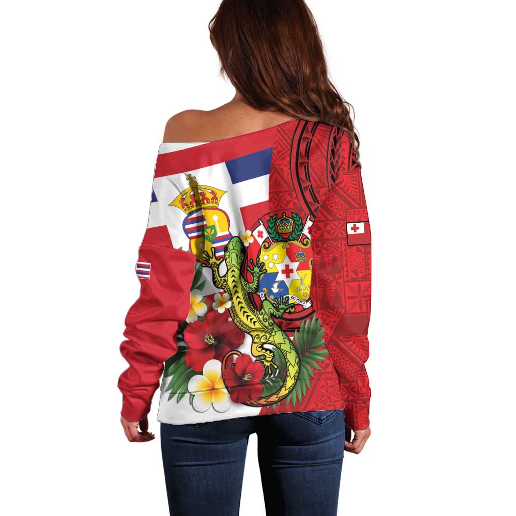 Hawaii And Tonga Off Shoulder Sweater King Kalakaua Tribal Gecko Tongan Ngatu