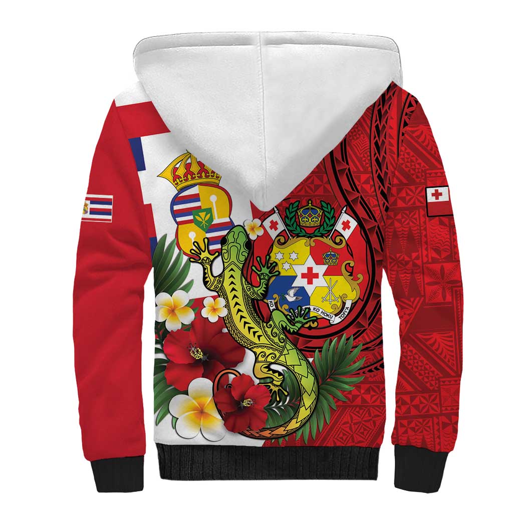 Hawaii And Tonga Sherpa Hoodie King Kalakaua Tribal Gecko Tongan Ngatu