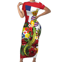 Hawaii And Tonga Short Sleeve Bodycon Dress King Kalakaua Tribal Gecko Tongan Ngatu LT14 Long Dress Red - Polynesian Pride