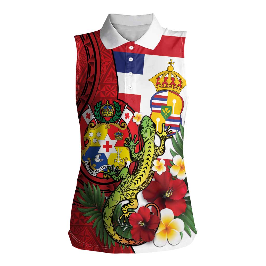 Hawaii And Tonga Women Sleeveless Polo Shirt King Kalakaua Tribal Gecko Tongan Ngatu LT14 Female Red - Polynesian Pride
