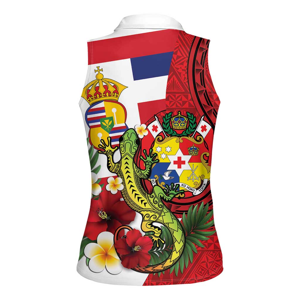 Hawaii And Tonga Women Sleeveless Polo Shirt King Kalakaua Tribal Gecko Tongan Ngatu LT14 - Polynesian Pride