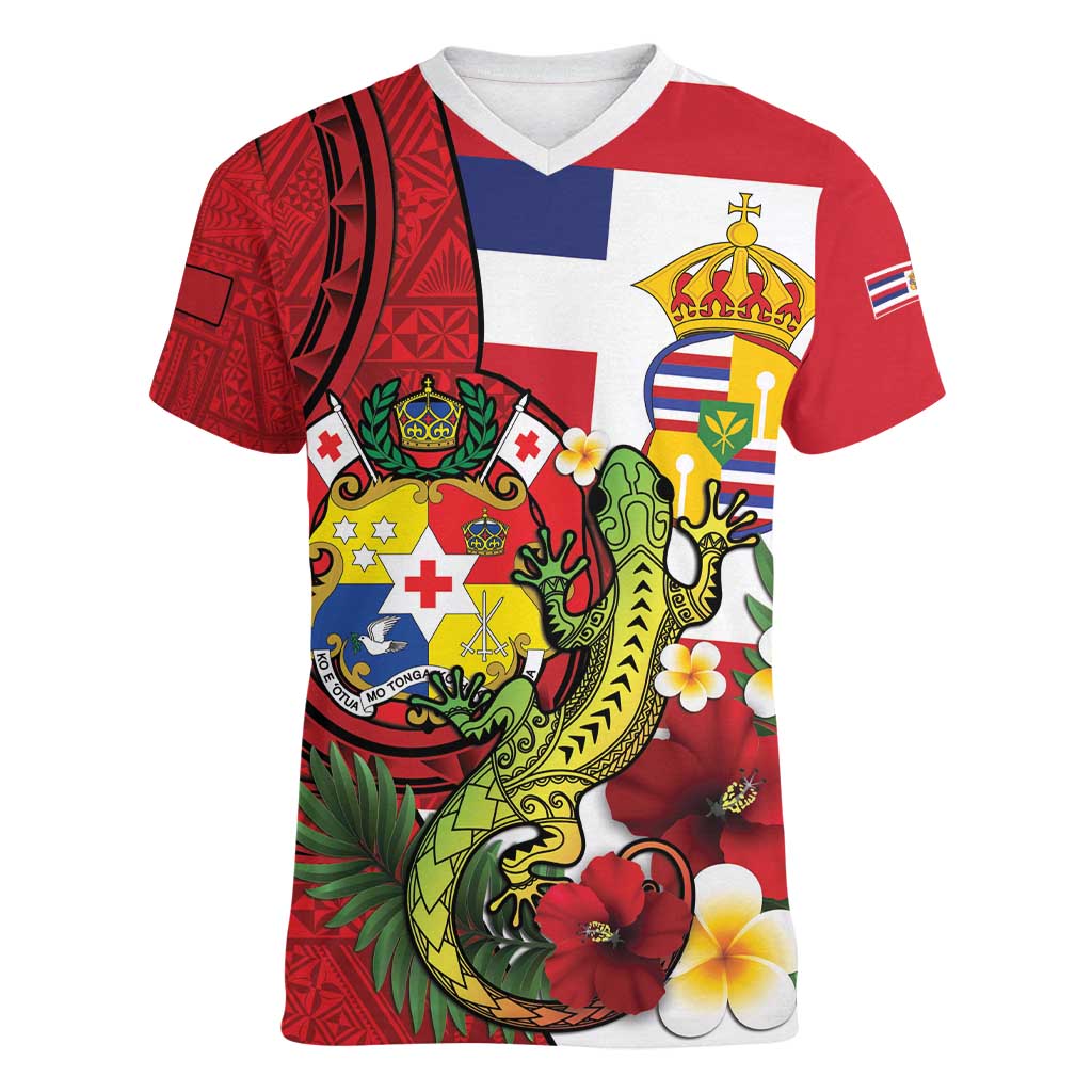 Hawaii And Tonga Women V-Neck T-Shirt King Kalakaua Tribal Gecko Tongan Ngatu LT14 Female Red - Polynesian Pride