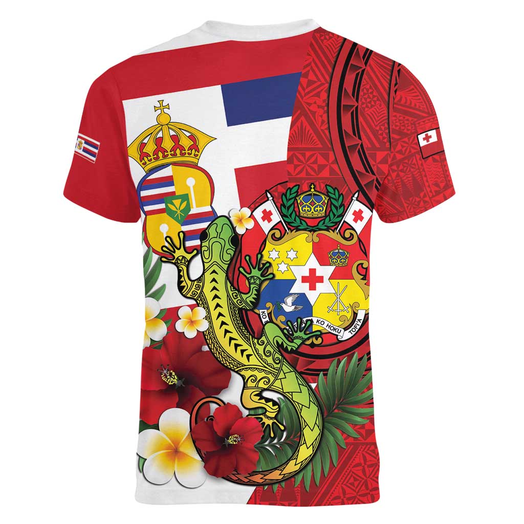 Hawaii And Tonga Women V-Neck T-Shirt King Kalakaua Tribal Gecko Tongan Ngatu LT14 - Polynesian Pride