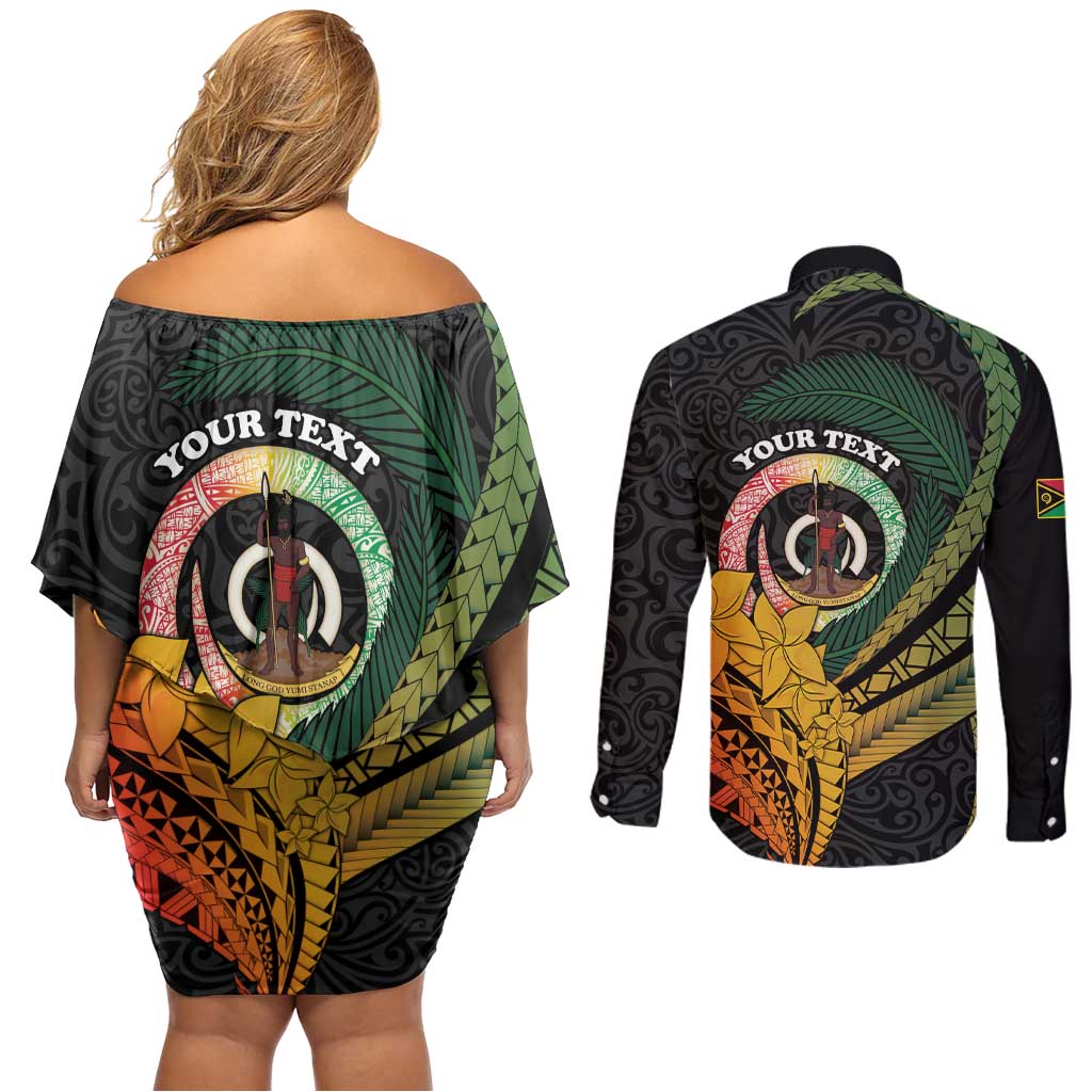 Personalised Vanuatu Independence Day Couples Matching Off Shoulder Short Dress and Long Sleeve Button Shirt July 30 Pig Tusk Long God Yumi Stanap LT14 - Polynesian Pride