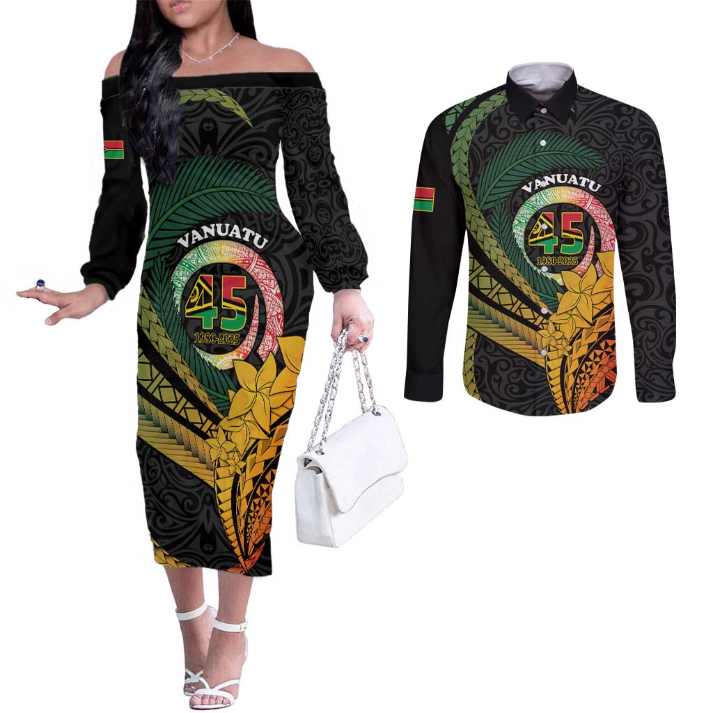 Personalised Vanuatu Independence Day Couples Matching Off The Shoulder Long Sleeve Dress and Long Sleeve Button Shirt July 30 Pig Tusk Long God Yumi Stanap LT14 Black - Polynesian Pride