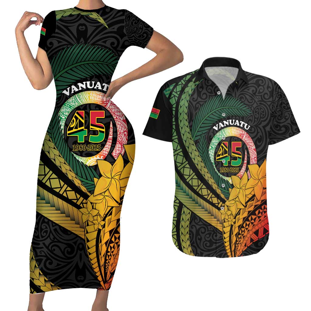 Personalised Vanuatu Independence Day Couples Matching Short Sleeve Bodycon Dress and Hawaiian Shirt July 30 Pig Tusk Long God Yumi Stanap LT14 Black - Polynesian Pride