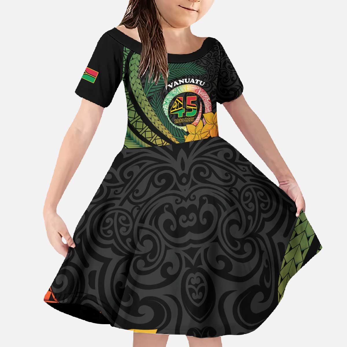 Personalised Vanuatu Independence Day Family Matching Off The Shoulder Long Sleeve Dress and Hawaiian Shirt July 30 Pig Tusk Long God Yumi Stanap LT14 Daughter's Dress Black - Polynesian Pride