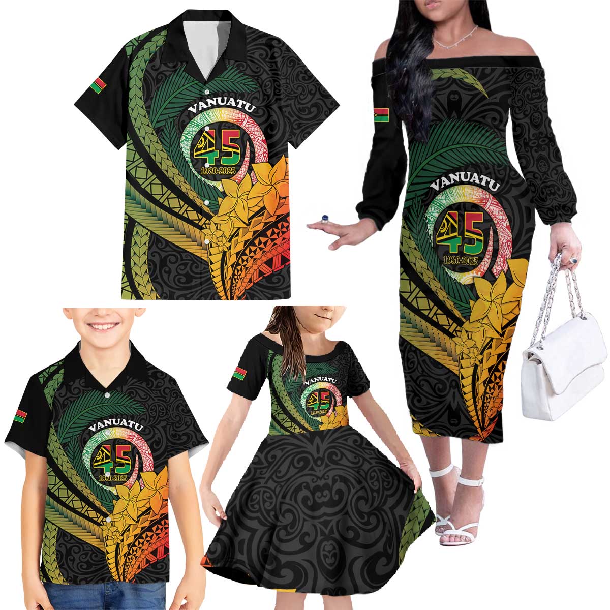 Personalised Vanuatu Independence Day Family Matching Off The Shoulder Long Sleeve Dress and Hawaiian Shirt July 30 Pig Tusk Long God Yumi Stanap LT14 - Polynesian Pride