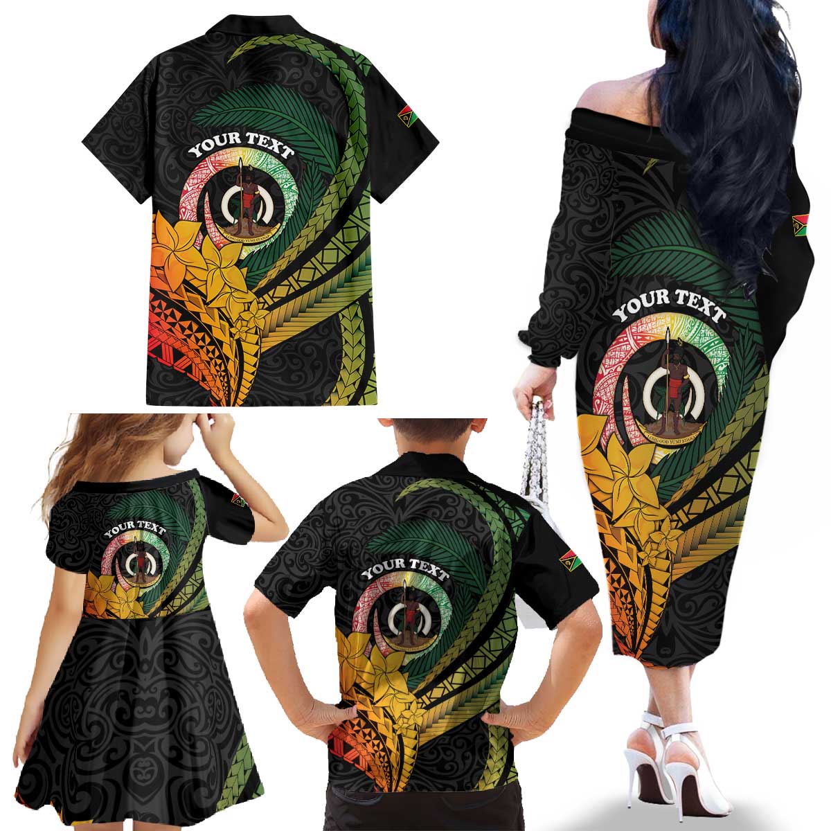 Personalised Vanuatu Independence Day Family Matching Off The Shoulder Long Sleeve Dress and Hawaiian Shirt July 30 Pig Tusk Long God Yumi Stanap LT14 - Polynesian Pride