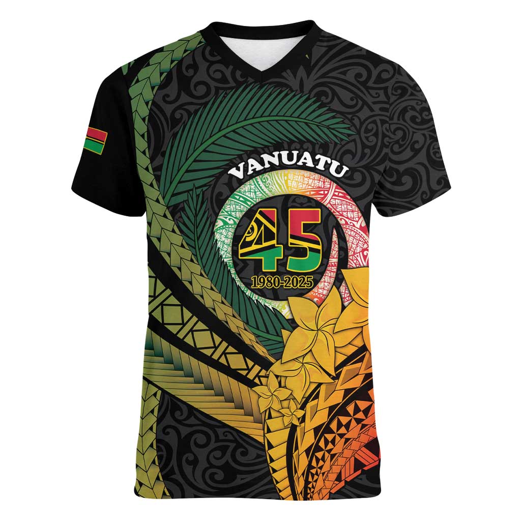 Personalised Vanuatu Independence Day Women V-Neck T-Shirt July 30 Pig Tusk Long God Yumi Stanap LT14 Female Black - Polynesian Pride