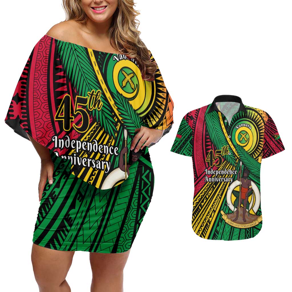 Halo Vanuatu Couples Matching Off Shoulder Short Dress and Hawaiian Shirt Happy 45th Independence Anniversary