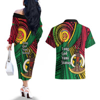 Halo Vanuatu Couples Matching Off The Shoulder Long Sleeve Dress and Hawaiian Shirt Happy 45th Independence Anniversary LT14 - Polynesian Pride
