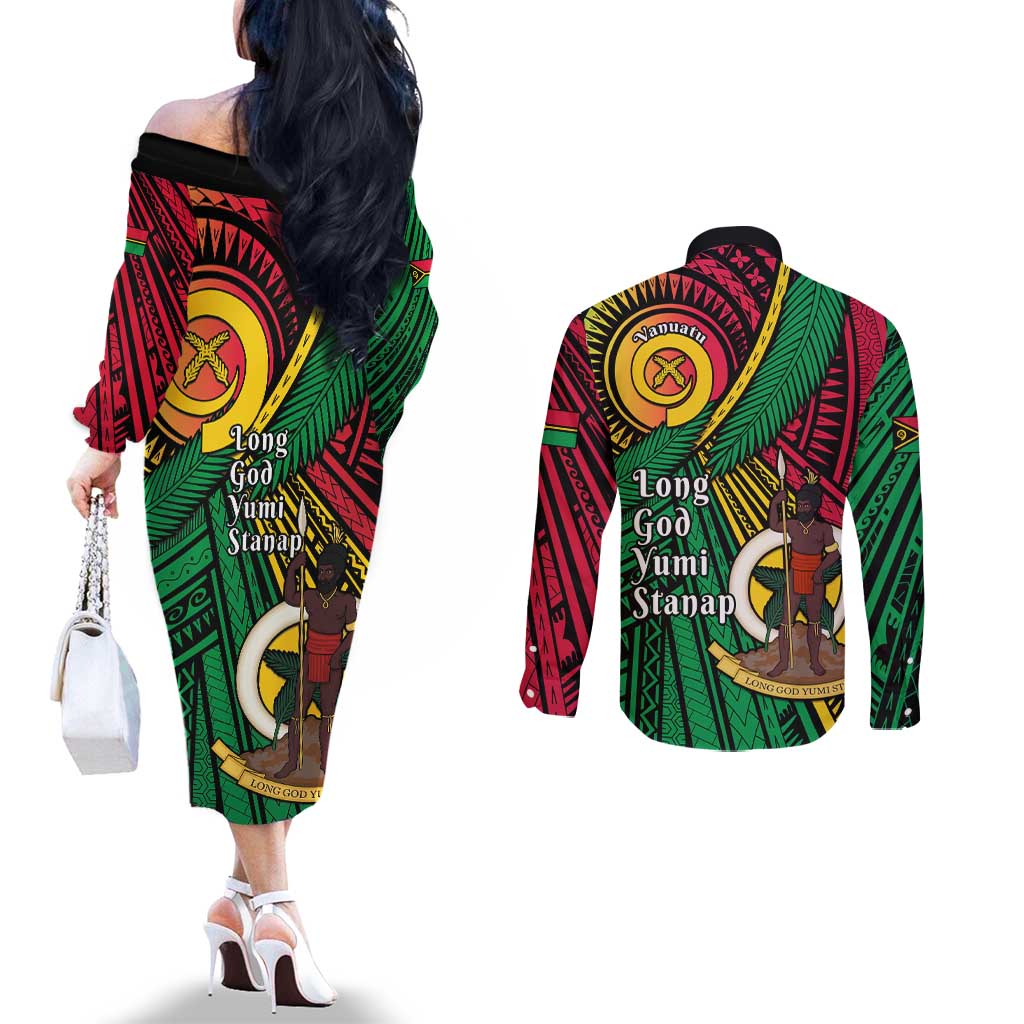 Halo Vanuatu Couples Matching Off The Shoulder Long Sleeve Dress and Long Sleeve Button Shirt Happy 45th Independence Anniversary