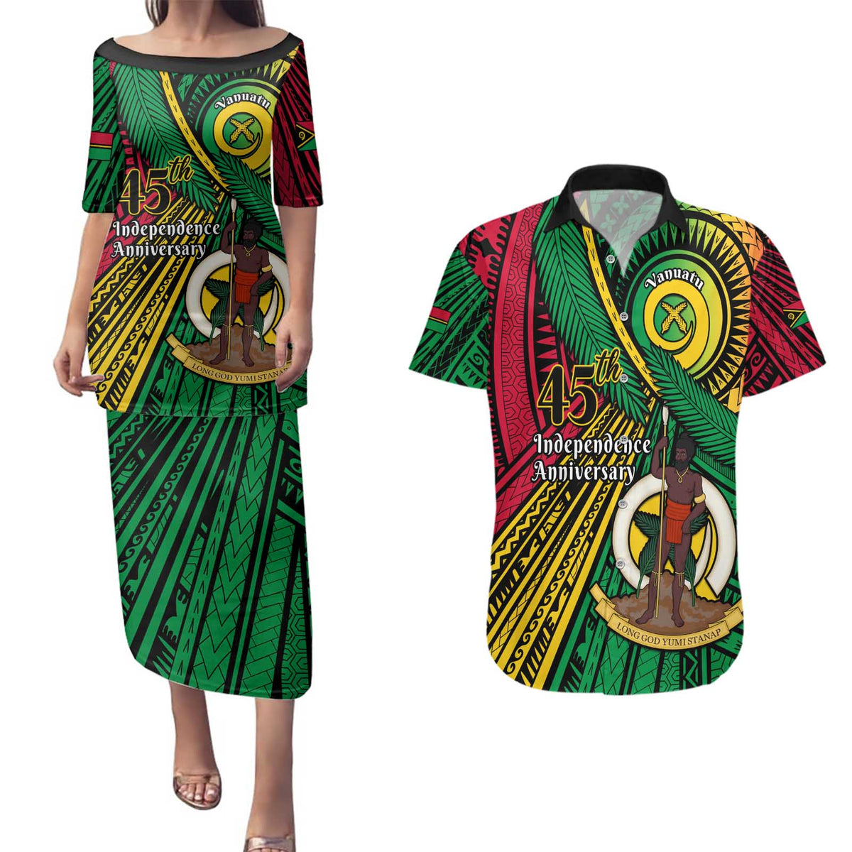 Halo Vanuatu Couples Matching Puletasi and Hawaiian Shirt Happy 45th Independence Anniversary
