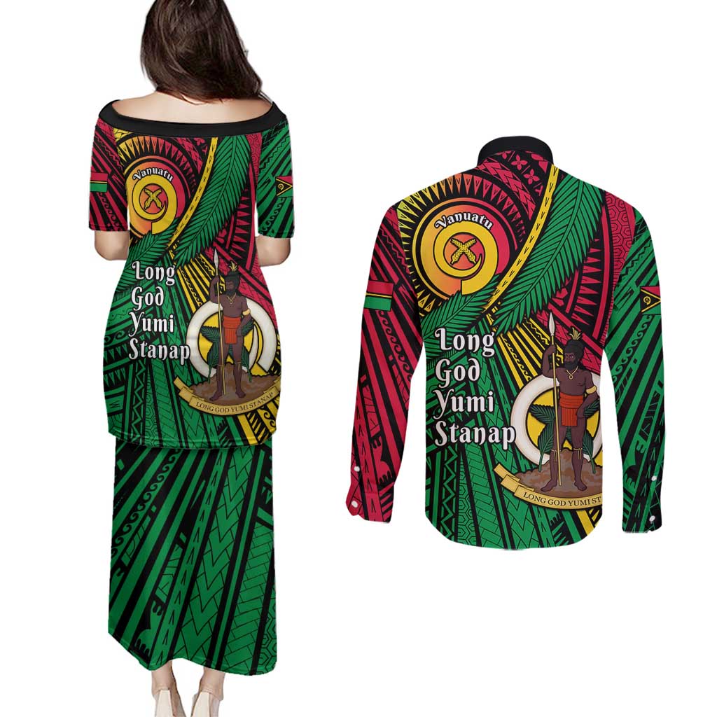 Halo Vanuatu Couples Matching Puletasi and Long Sleeve Button Shirt Happy 45th Independence Anniversary