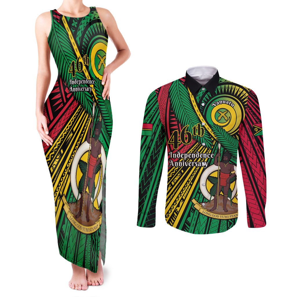 Halo Vanuatu Couples Matching Tank Maxi Dress and Long Sleeve Button Shirt Happy 46th Independence Anniversary LT14 Black - Polynesian Pride