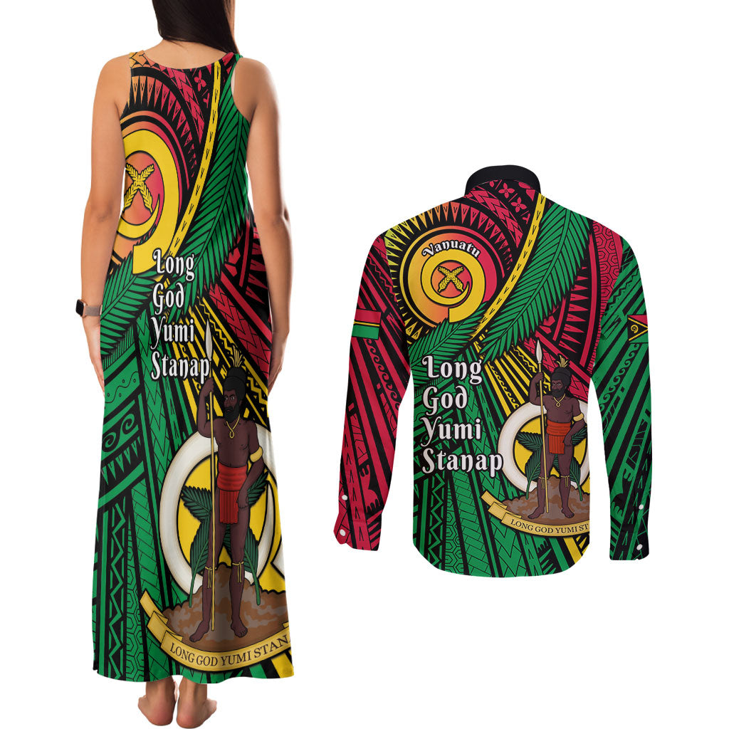 Halo Vanuatu Couples Matching Tank Maxi Dress and Long Sleeve Button Shirt Happy 46th Independence Anniversary LT14 - Polynesian Pride