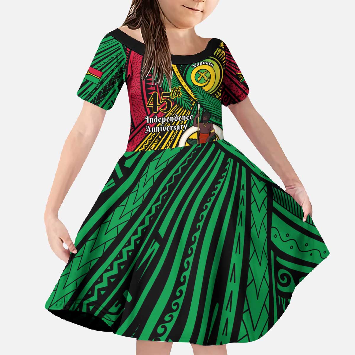Halo Vanuatu Family Matching Off The Shoulder Long Sleeve Dress and Hawaiian Shirt Happy 45th Independence Anniversary LT14 Daughter's Dress Black - Polynesian Pride