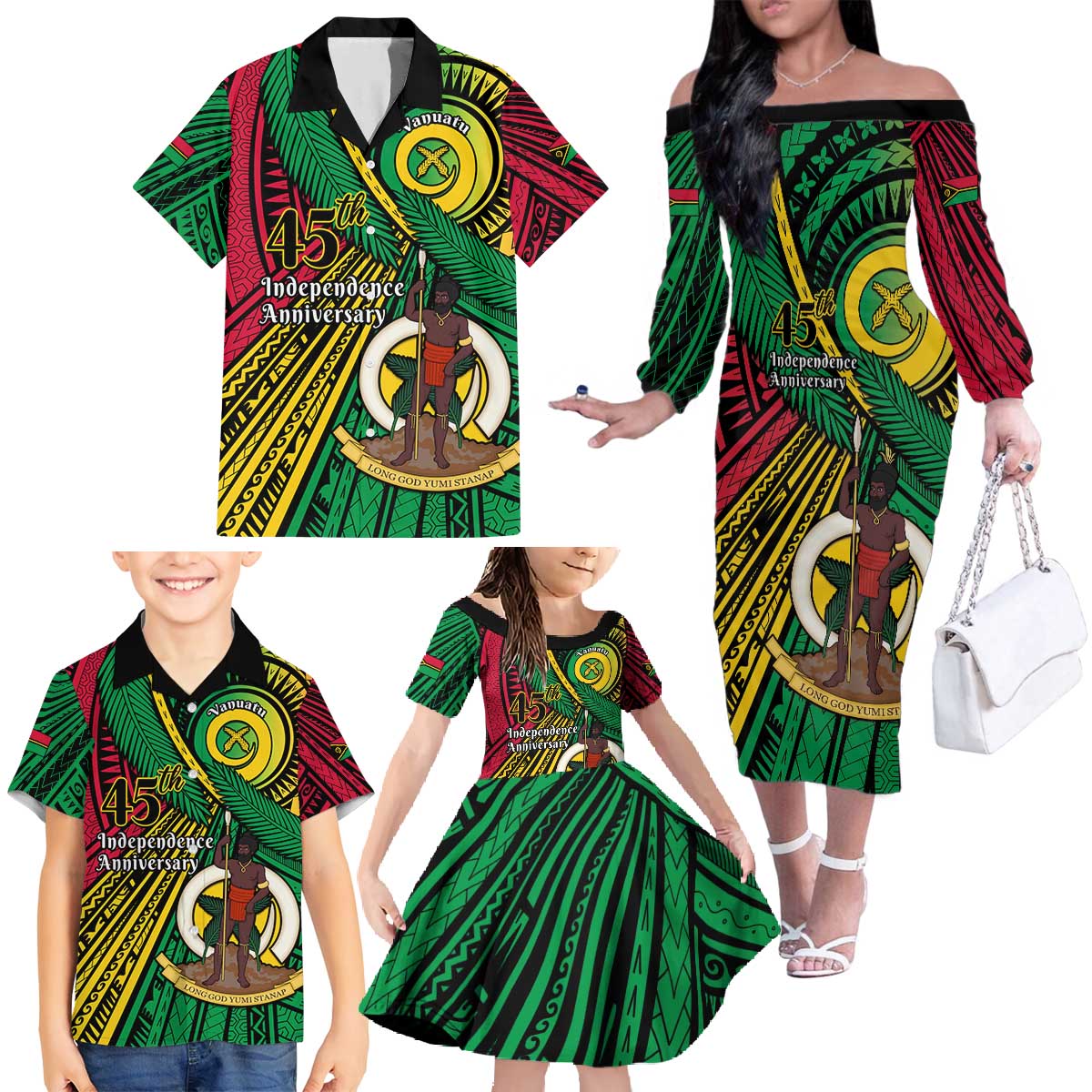 Halo Vanuatu Family Matching Off The Shoulder Long Sleeve Dress and Hawaiian Shirt Happy 45th Independence Anniversary LT14 - Polynesian Pride