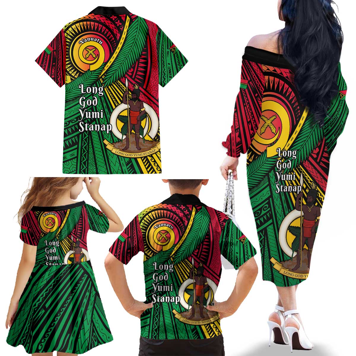 Halo Vanuatu Family Matching Off The Shoulder Long Sleeve Dress and Hawaiian Shirt Happy 45th Independence Anniversary LT14 - Polynesian Pride