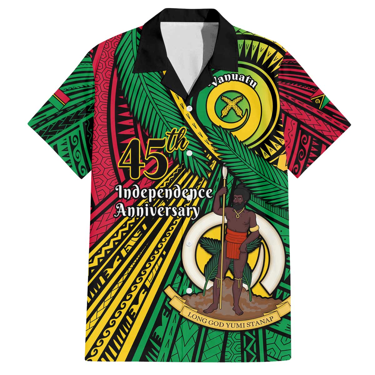 Halo Vanuatu Family Matching Off The Shoulder Long Sleeve Dress and Hawaiian Shirt Happy 45th Independence Anniversary LT14 Dad's Shirt - Short Sleeve Black - Polynesian Pride