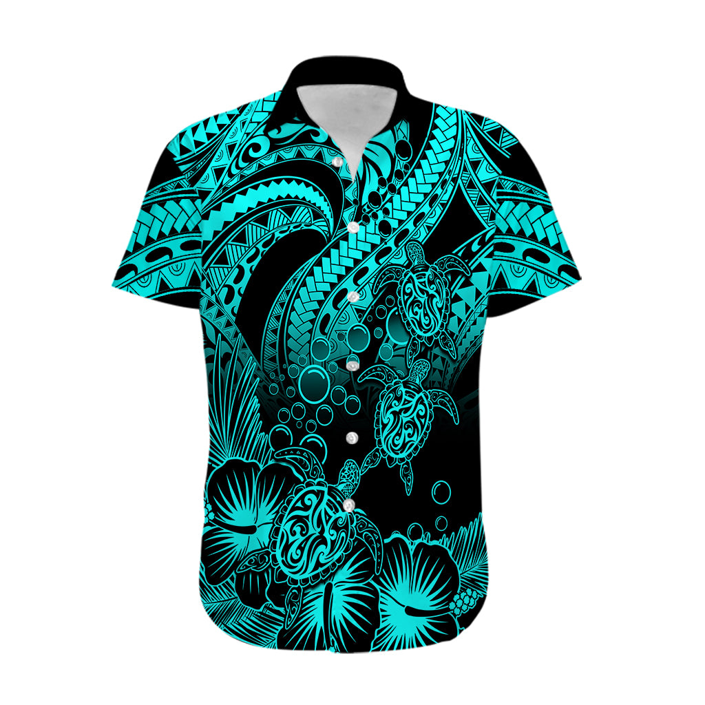 Personalised Polynesian Hawaiian Shirt Tribal Honu Turtle with Hibiscus Turquoise Version LT14 Turquoise - Polynesian Pride