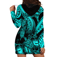 Personalised Polynesian Hoodie Dress Tribal Honu Turtle with Hibiscus Turquoise Version LT14 - Polynesian Pride
