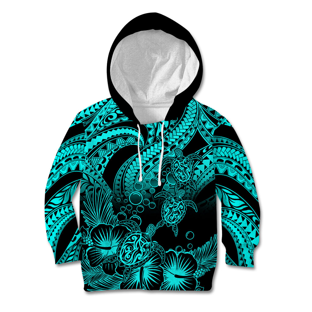 Personalised Polynesian Kid Hoodie Tribal Honu Turtle with Hibiscus Turquoise Version LT14 Hoodie Turquoise - Polynesian Pride