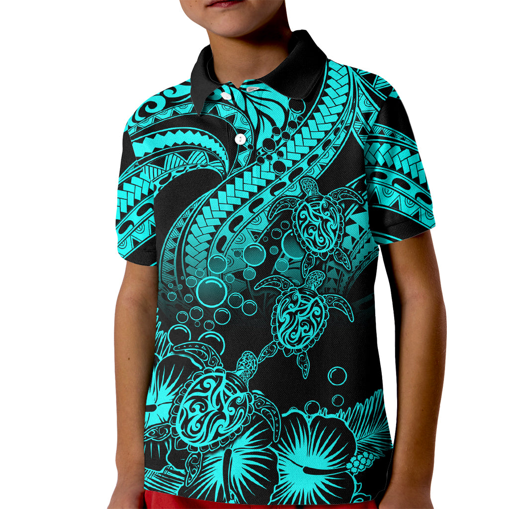 Personalised Polynesian Kid Polo Shirt Tribal Honu Turtle with Hibiscus Turquoise Version LT14 Kid Turquoise - Polynesian Pride