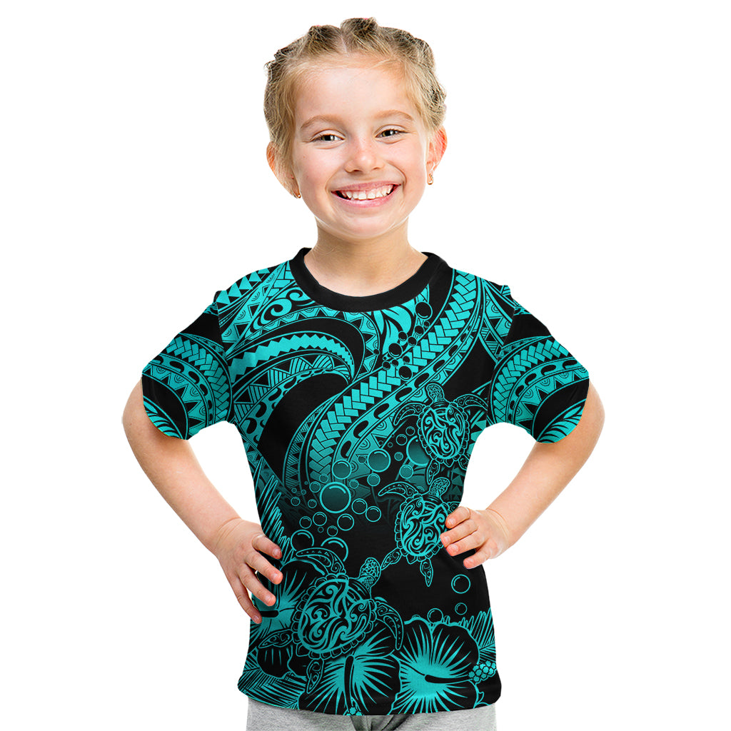 Personalised Polynesian Kid T Shirt Tribal Honu Turtle with Hibiscus Turquoise Version LT14 Turquoise - Polynesian Pride