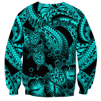 Personalised Polynesian Sweatshirt Tribal Honu Turtle with Hibiscus Turquoise Version LT14 - Polynesian Pride