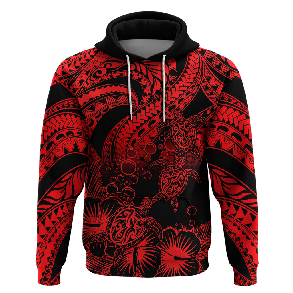 Custom Polynesian Hoodie Tribal Honu Turtle with Hibiscus Red Version LT14 Pullover Hoodie Red - Polynesian Pride