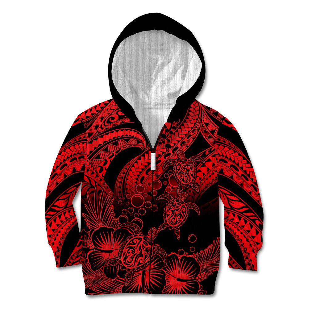 Personalised Polynesian Kid Hoodie Tribal Honu Turtle with Hibiscus Red Version LT14 Zip Hoodie Red - Polynesian Pride