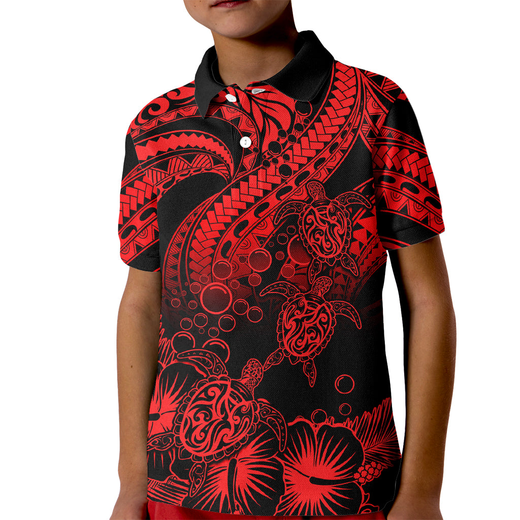 Personalised Polynesian Kid Polo Shirt Tribal Honu Turtle with Hibiscus Red Version LT14 Kid Red - Polynesian Pride