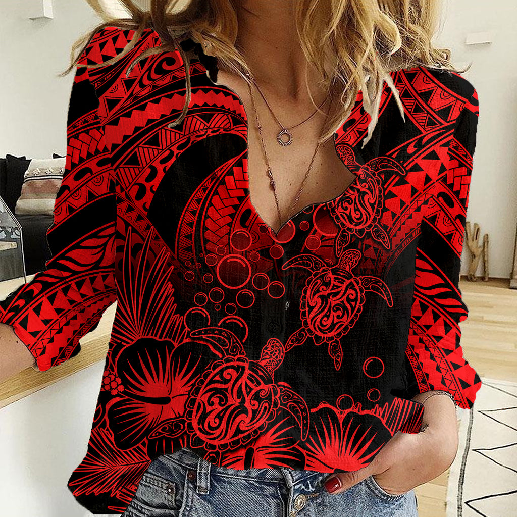 Personalised Polynesian Women Casual Shirt Tribal Honu Turtle with Hibiscus Red Version LT14 Female Red - Polynesian Pride