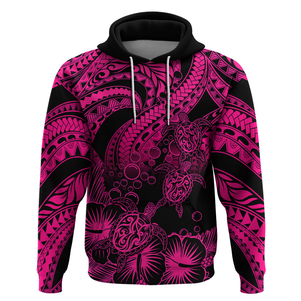 Custom Polynesian Hoodie Tribal Honu Turtle with Hibiscus Pink Version LT14 Pullover Hoodie Pink - Polynesian Pride