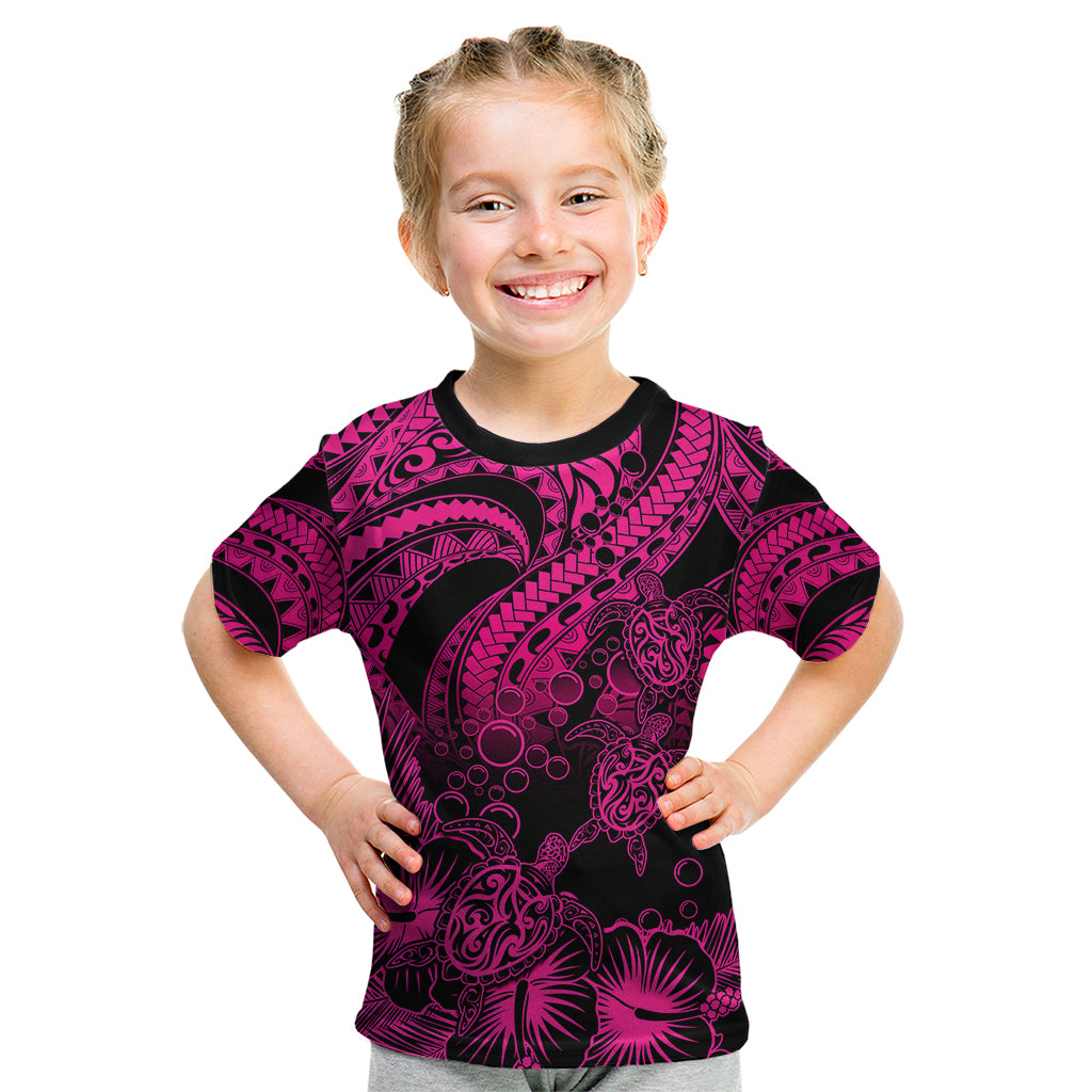 Personalised Polynesian Kid T Shirt Tribal Honu Turtle with Hibiscus Pink Version LT14 Pink - Polynesian Pride