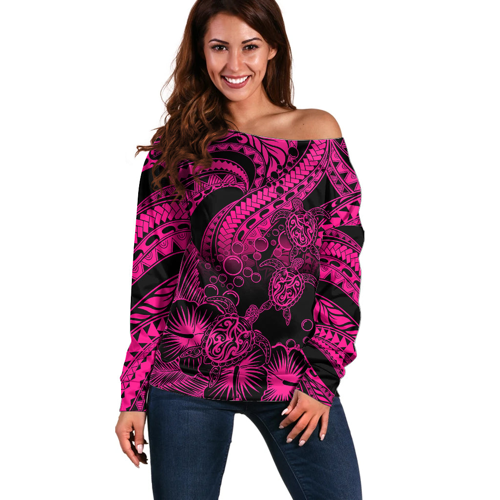 Personalised Polynesian Off Shoulder Sweater Tribal Honu Turtle with Hibiscus Pink Version LT14 Women Pink - Polynesian Pride