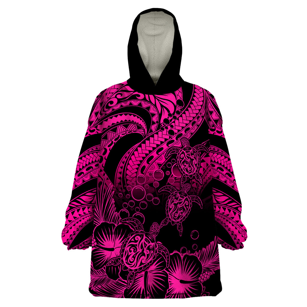 Personalised Polynesian Wearable Blanket Hoodie Tribal Honu Turtle with Hibiscus Pink Version LT14 One Size Pink - Polynesian Pride