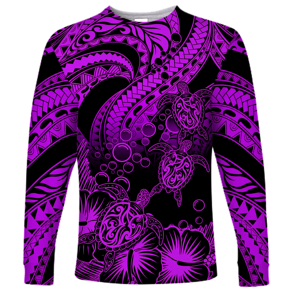 Personalised Polynesian Long Sleeve Shirt Tribal Honu Turtle with Hibiscus Purple Version LT14 Unisex Purple - Polynesian Pride