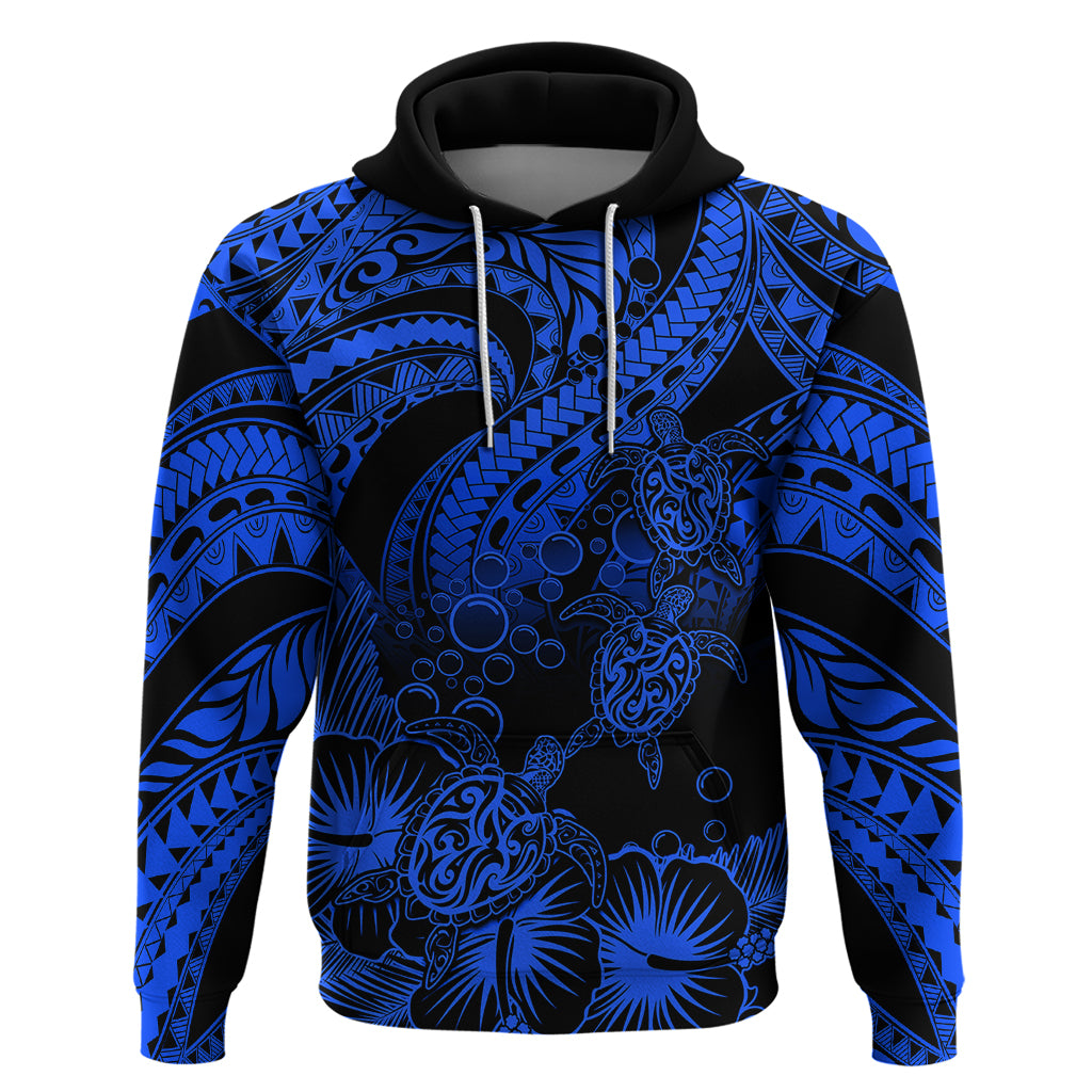 Custom Polynesian Hoodie Tribal Honu Turtle with Hibiscus Blue Version LT14 Pullover Hoodie Blue - Polynesian Pride