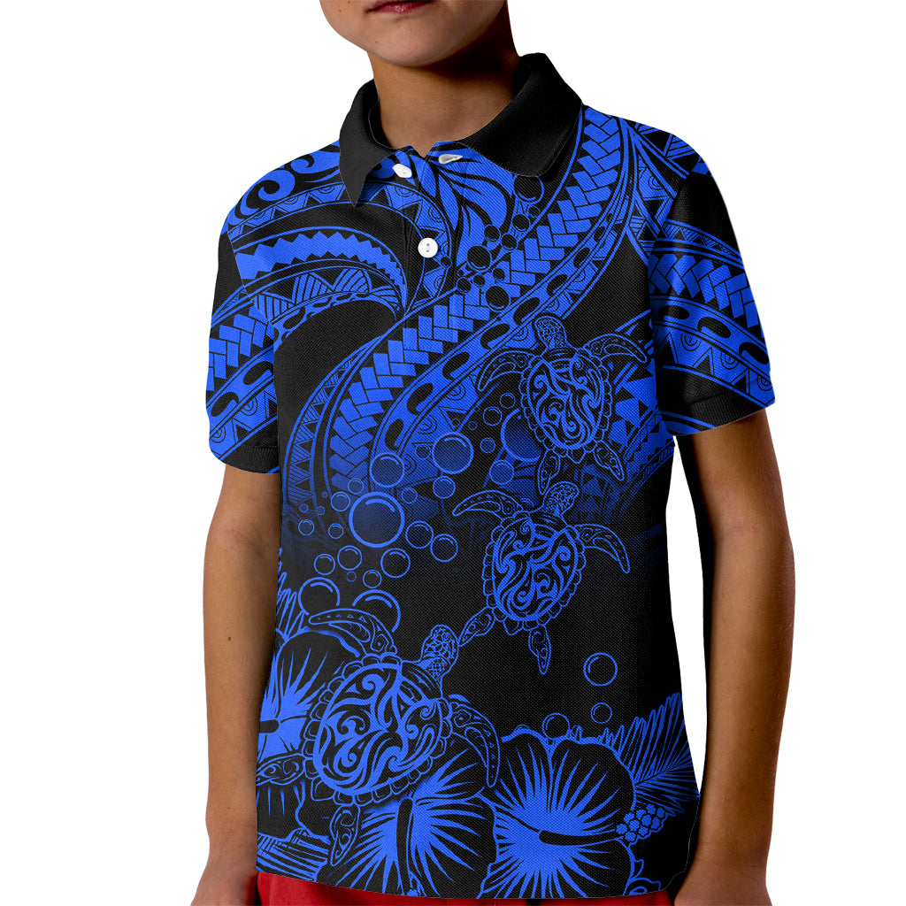 Personalised Polynesian Kid Polo Shirt Tribal Honu Turtle with Hibiscus Blue Version LT14 Kid Blue - Polynesian Pride