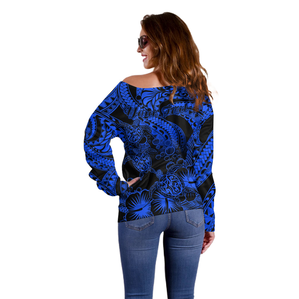 Personalised Polynesian Off Shoulder Sweater Tribal Honu Turtle with Hibiscus Blue Version LT14 - Polynesian Pride