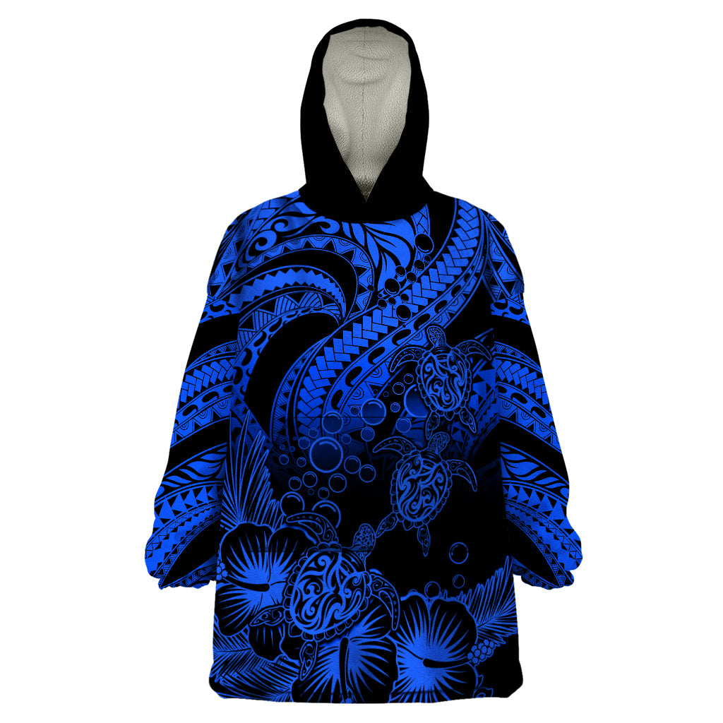 Personalised Polynesian Wearable Blanket Hoodie Tribal Honu Turtle with Hibiscus Blue Version LT14 One Size Blue - Polynesian Pride