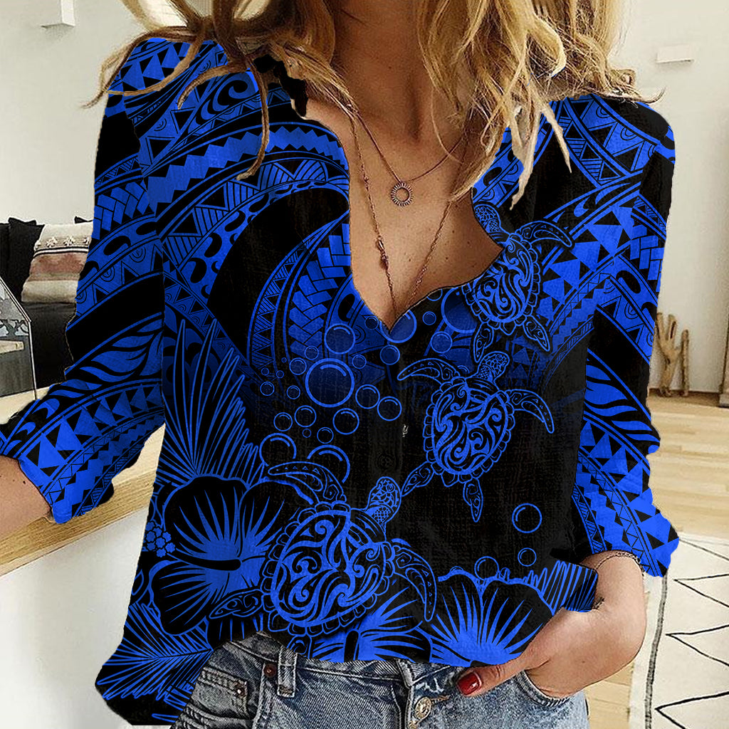 Personalised Polynesian Women Casual Shirt Tribal Honu Turtle with Hibiscus Blue Version LT14 Female Blue - Polynesian Pride