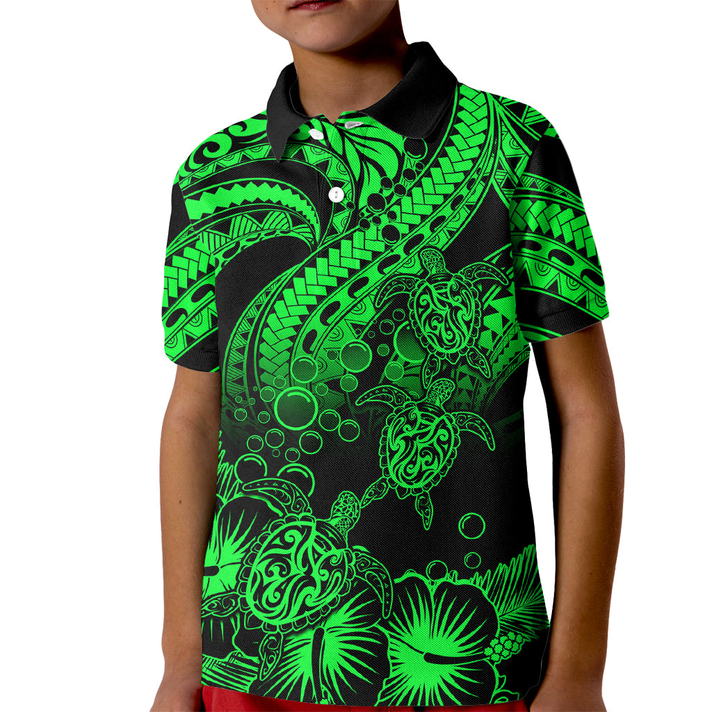 Personalised Polynesian Kid Polo Shirt Tribal Honu Turtle with Hibiscus Green Version LT14 Kid Green - Polynesian Pride