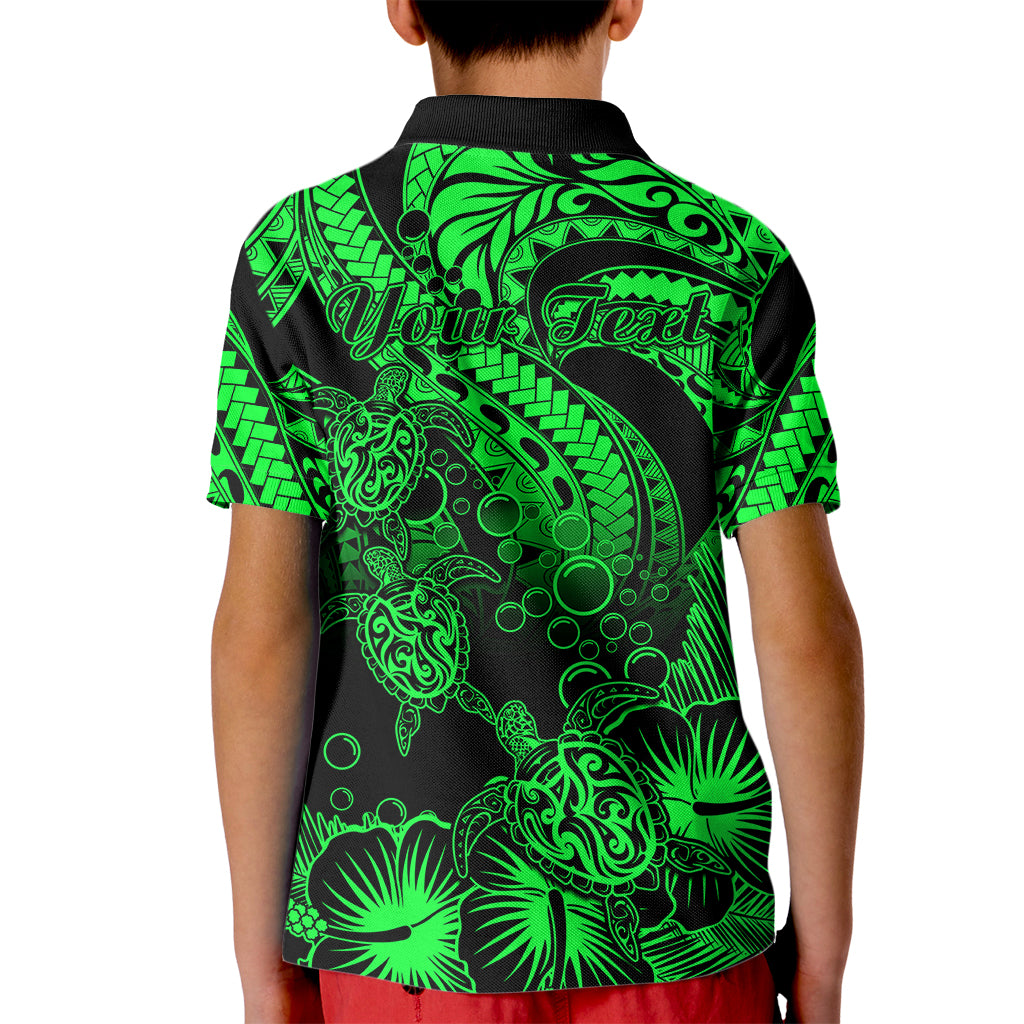 Personalised Polynesian Kid Polo Shirt Tribal Honu Turtle with Hibiscus Green Version LT14 - Polynesian Pride