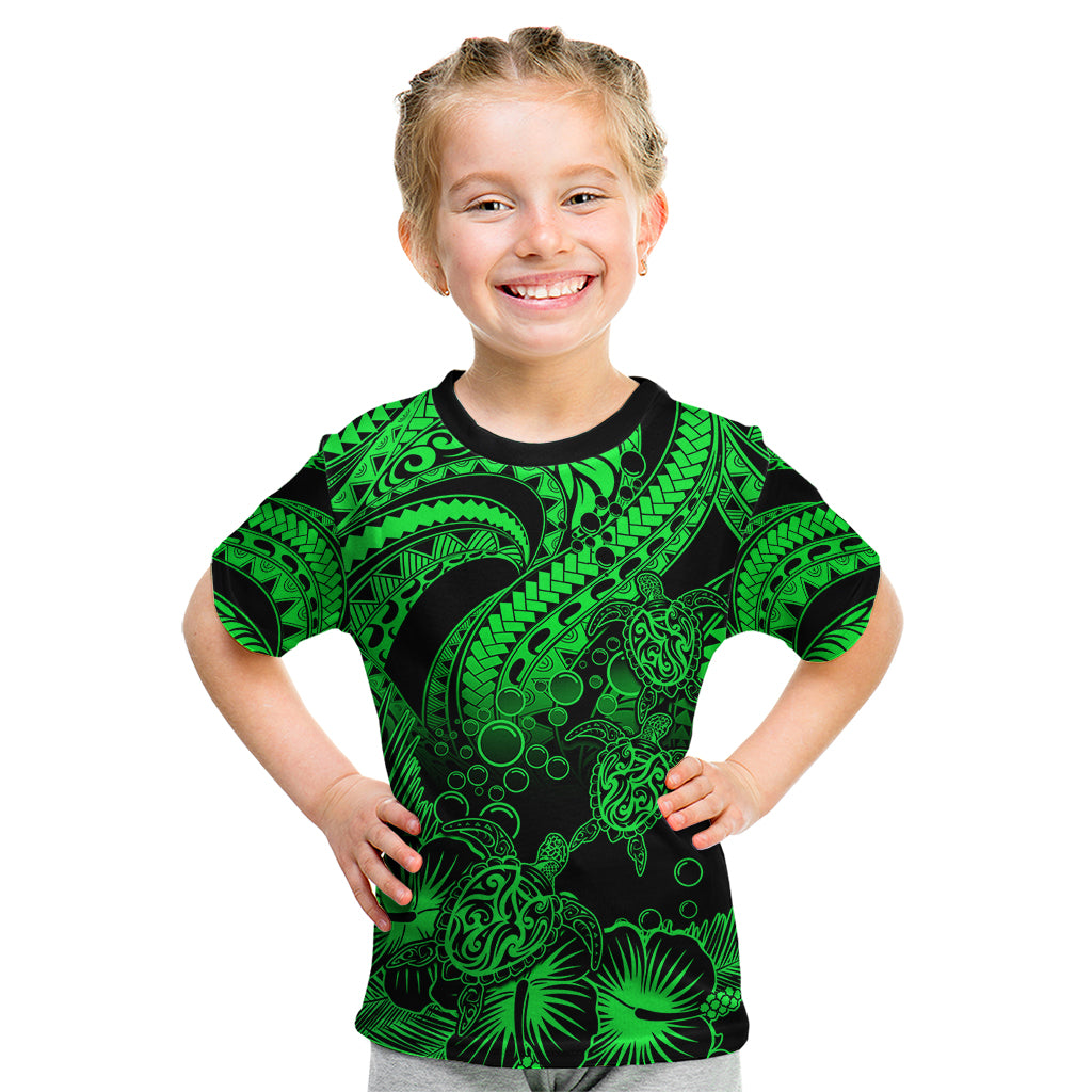 Personalised Polynesian Kid T Shirt Tribal Honu Turtle with Hibiscus Green Version LT14 Green - Polynesian Pride